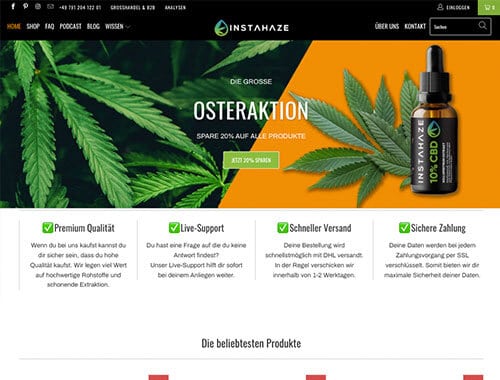 Screenshot des CBD-Shops Instahaze