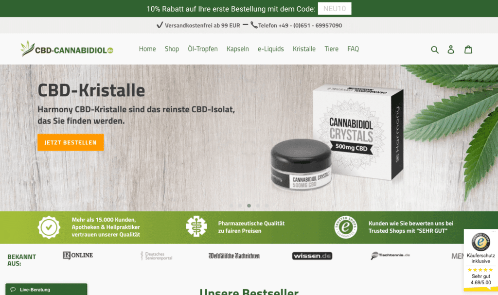 Screenshot des Shops von CBD-Cannabidiol