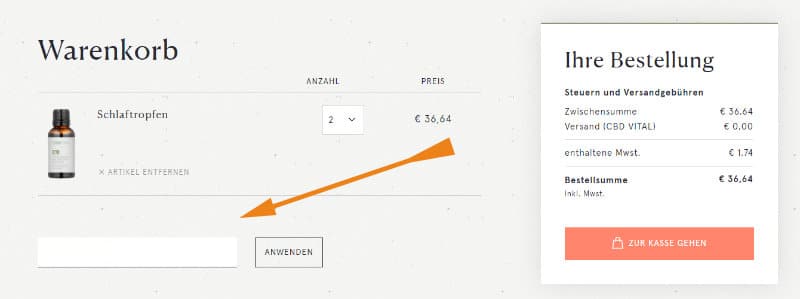 Screenshot des Warenkorbs von CBD Vital mit Rabattcode