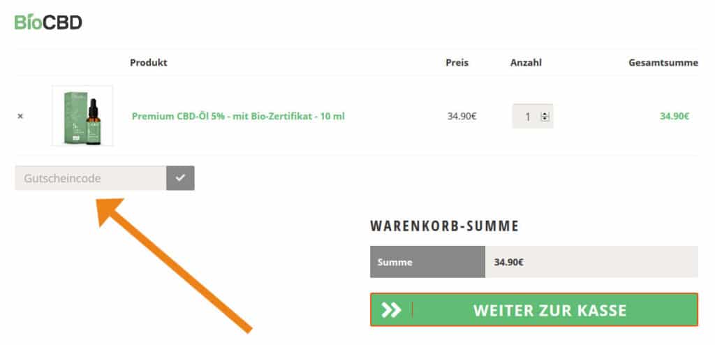 BioCBD Gutschein Anwendung Screenshot Onlineshop