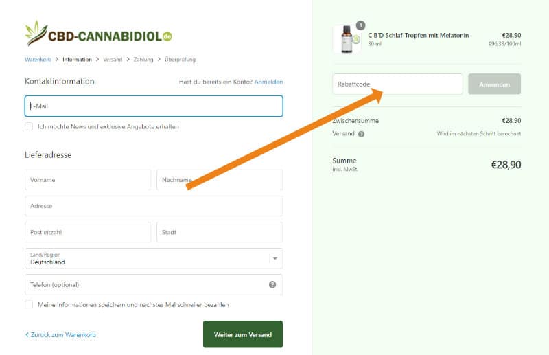 Screenshot der Kasse von CBD-Cannabidiol