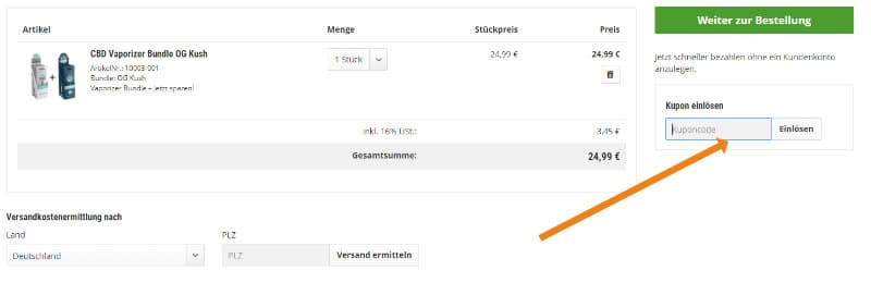 Screenshot des Warenkorbs von CBDShop24 inklusive Gutscheincode