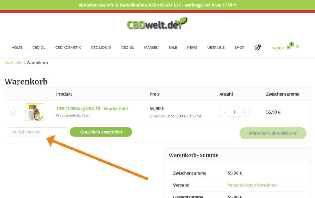 CBDWelt Gutschein Anwendung Screenshot Onlineshop