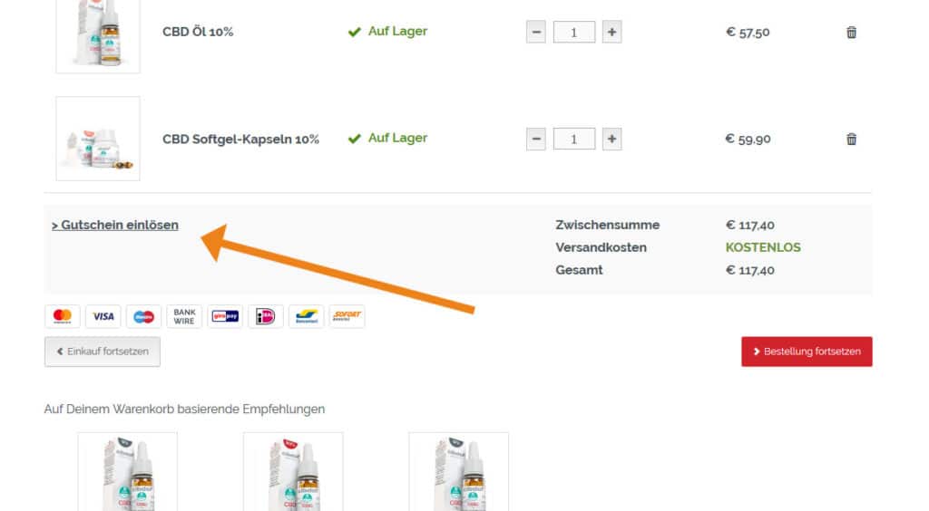 Cibdol Gutschein Anwendung Screenshot Onlineshop