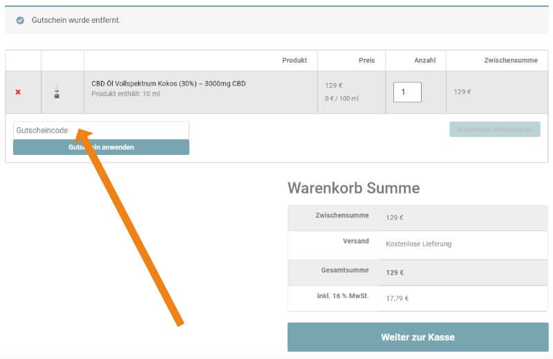 Screenshot des Warenkorbs mit Gutschein von Grinsekatzen