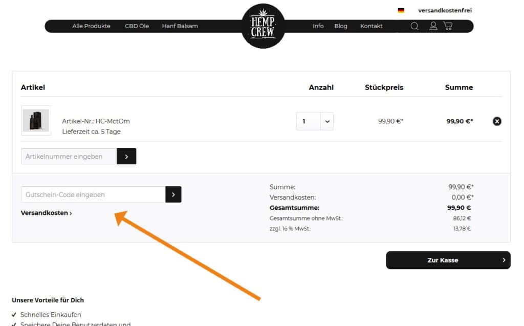 HempCrew Gutschein Anwendung Screenshot Onlineshop