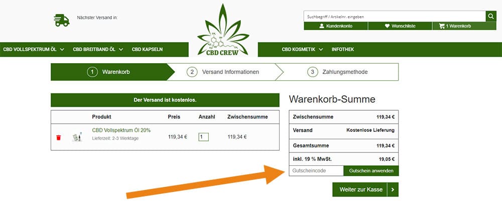 CBD Crew Gutschein Anwendung Screenshot Onlineshop